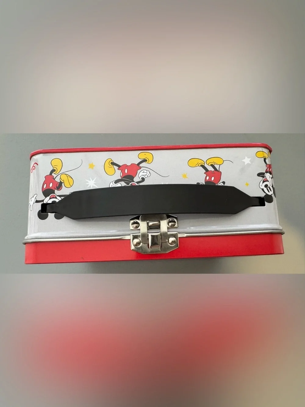 Disney Red Mickey Mouse Tin Food Storage Container with handle on the go travel